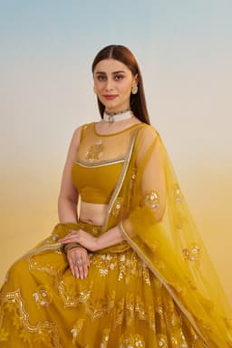 Mustard Yellow Butterfly Net Haldi & Mehndi Lehenga with Floral Embroidery