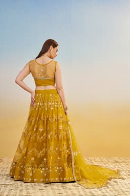 Mustard Yellow Butterfly Net Haldi & Mehndi Lehenga with Floral Embroidery
