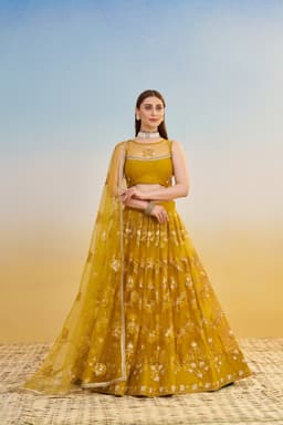 Mustard Yellow Butterfly Net Haldi & Mehndi Lehenga with Floral Embroidery
