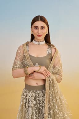 Olive Grey Butterfly Net Engagement & Cocktail Lehenga with White Thread Embroidery