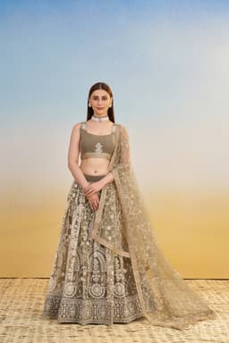 Olive Grey Butterfly Net Engagement & Cocktail Lehenga with White Thread Embroidery