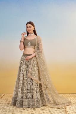 Olive Grey Butterfly Net Engagement & Cocktail Lehenga with White Thread Embroidery