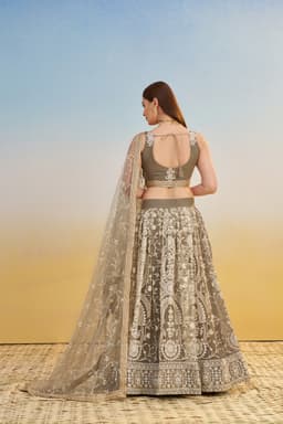 Olive Grey Butterfly Net Engagement & Cocktail Lehenga with White Thread Embroidery