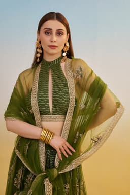 Olive Green Halter Neck Mehendi & Cocktail Lehenga with White Thread Embroidery