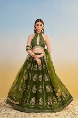 Olive Green Halter Neck Mehendi & Cocktail Lehenga with White Thread Embroidery