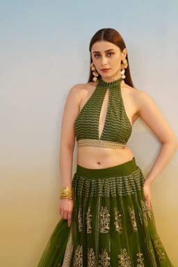 Olive Green Halter Neck Mehendi & Cocktail Lehenga with White Thread Embroidery