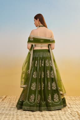Olive Green Halter Neck Mehendi & Cocktail Lehenga with White Thread Embroidery