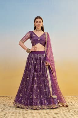 Purple Sequin Party & Reception Lehenga with V-Neck Blouse
