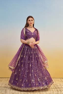 Purple Sequin Party & Reception Lehenga with V-Neck Blouse