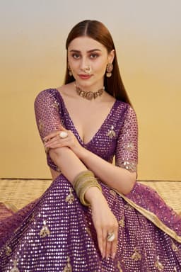 Purple Sequin Party & Reception Lehenga with V-Neck Blouse