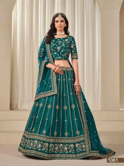 Teal Green Art Silk Wedding Lehenga with Floral Embroidery & Net Dupatta