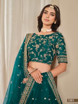 Teal Green Art Silk Wedding Lehenga with Floral Embroidery & Net Dupatta