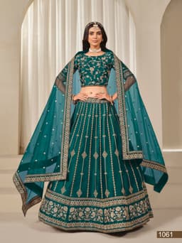 Teal Green Art Silk Wedding Lehenga with Floral Embroidery & Net Dupatta