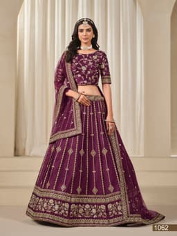 Wine Purple Art Silk Reception Lehenga with Gold Embroidery