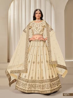 Ivory Gold Art Silk Wedding Lehenga with Floral Border & Net Dupatta