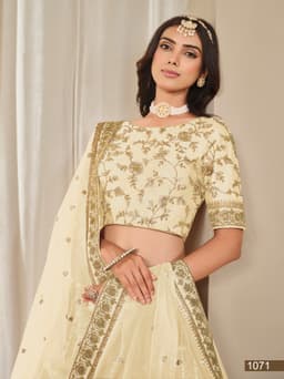Ivory Gold Art Silk Wedding Lehenga with Floral Border & Net Dupatta