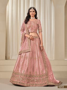 Blush Pink Art Silk Wedding & Reception Lehenga with Gold Embroidery