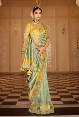 Yellow & Pista Green Soft Silk Zari Weaving Saree – Heavy Embroidery Bridal Wear