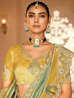 Yellow & Pista Green Soft Silk Zari Weaving Saree – Heavy Embroidery Bridal Wear