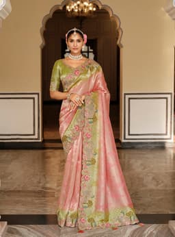 Pink & Olive Green Soft Silk Zari Weaving Saree – Heavy Embroidery Bridal Wear