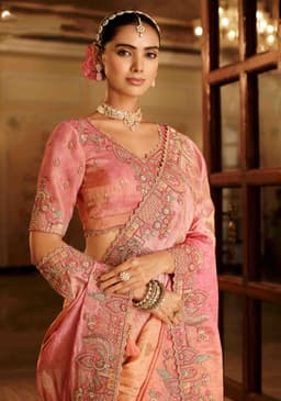 Peach Pink Soft Silk Embroidered Saree – Wedding Wear
