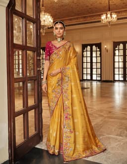 Golden Mustard Soft Silk Embroidered Saree – Wedding Wear