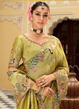 Pistachio Green Soft Silk Saree with Peacock Embroidery