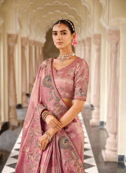 Mauve Pink Soft Silk Saree with Peacock Floral Embroidery