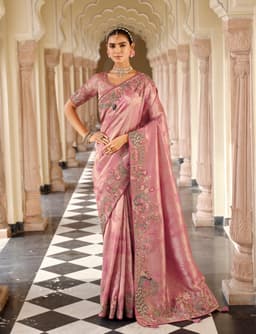 Mauve Pink Soft Silk Saree with Peacock Floral Embroidery