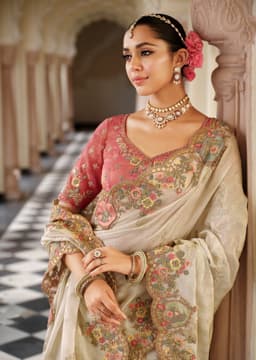Champagne Ivory Silk Saree with Scallop Floral Embroidery Border