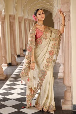 Champagne Ivory Silk Saree with Scallop Floral Embroidery Border