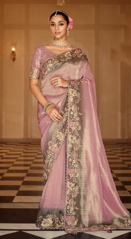 Smoky Lilac Silk Saree with Heavy Antique Embroidery Border