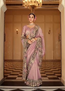 Smoky Lilac Silk Saree with Heavy Antique Embroidery Border