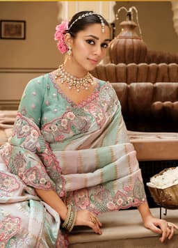 Mint Aqua Pastel Silk Saree with Pink Floral Embroidery Border