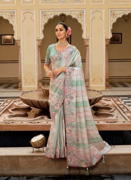 Mint Aqua Pastel Silk Saree with Pink Floral Embroidery Border