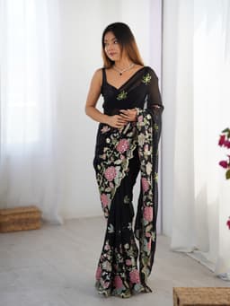 Black Georgette Saree with Multicolor Floral Sequin Embroidery