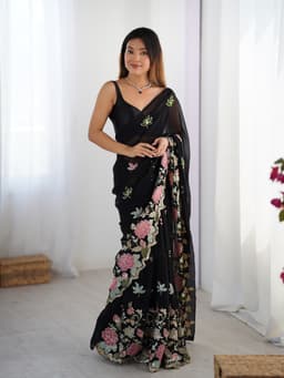 Black Georgette Saree with Multicolor Floral Sequin Embroidery