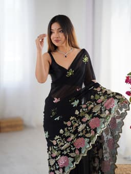 Black Georgette Saree with Multicolor Floral Sequin Embroidery