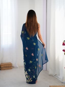 Navy Blue Georgette Saree with Multicolor Floral Sequin Embroidery