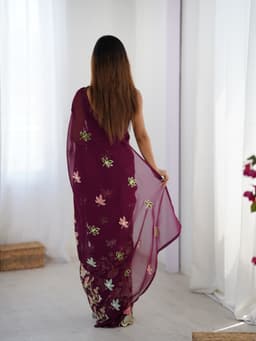 Wine Georgette Saree with Multicolor Floral Sequin Embroidery