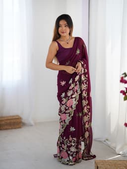 Wine Georgette Saree with Multicolor Floral Sequin Embroidery
