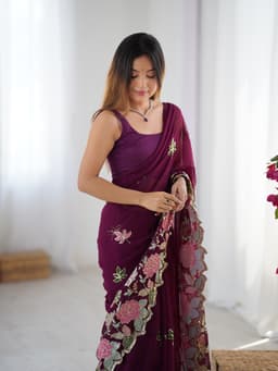 Wine Georgette Saree with Multicolor Floral Sequin Embroidery