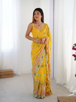 Mustard Yellow Georgette Saree with Floral Sequin Embroidery Border