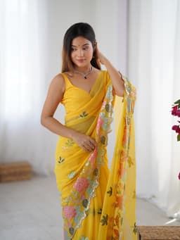 Mustard Yellow Georgette Saree with Floral Sequin Embroidery Border