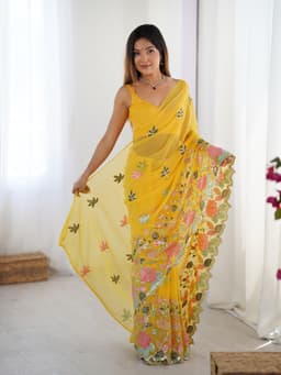 Mustard Yellow Georgette Saree with Floral Sequin Embroidery Border