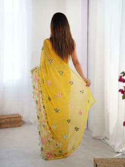 Mustard Yellow Georgette Saree with Floral Sequin Embroidery Border