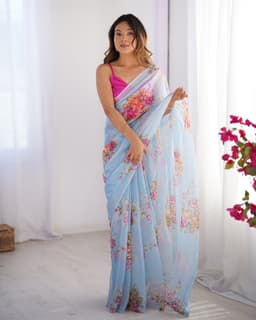 Sky Blue Floral Digital Print Organza Saree with Art Silk Blouse