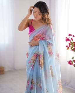 Sky Blue Floral Digital Print Organza Saree with Art Silk Blouse