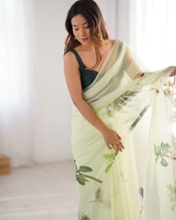 Lime Green Tropical Designer Print Organza Saree with Art Silk Blouse