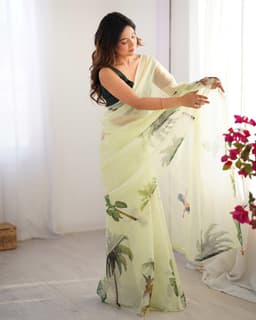 Lime Green Tropical Designer Print Organza Saree with Art Silk Blouse